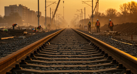 Ground-level view of railway construction site.