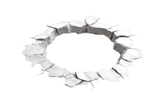 Cracked white circular hole in black background with rough edges broken, Png, Isolated on Transparent Background, Cut Out