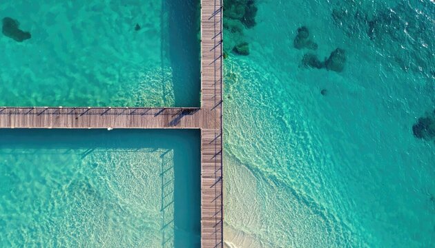Aerial View Of A Wooden Pier Extending Into Crystal Clear Turquoise Water On A Sunny Day