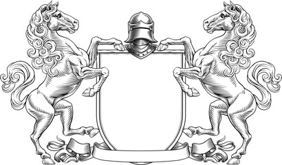 A heraldry crest horse family coat of arms heraldic shield emblem design in an old medieval vintage style
