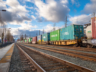 Fototapeta premium Freight train carrying colorful shipping containers traveling on railroad tracks beside an empty platform with a partly cloudy sky and power lines overhead
