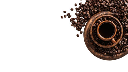 Hot black coffee mug with roasted brown beans for a morning drink break