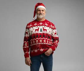Merry satisfied smiling mature man wear knitted christmas sweater Santa hat posing on isolated grey...
