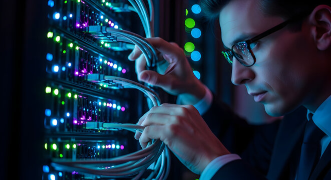 Expert IT technician managing server cables in a high-tech data center for optimal performance and security, ensuring smooth operations for cloud computing solutions - Powered by Adobe