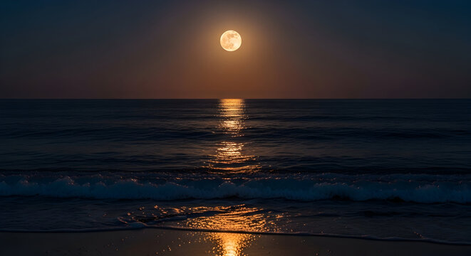 Experience the soothing rhythm of gentle waves under a luminous moonlit sky, perfect for conveying peace, tranquility, and the beauty of nature's celestial dance at night