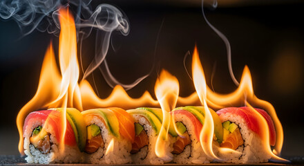 Savor the fiery flavors of delicious sushi rolls, a modern culinary presentation that is sure to tantalize your taste buds with a dramatic flair and unforgettable taste