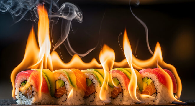 Savor the fiery flavors of delicious sushi rolls, a modern culinary presentation that is sure to tantalize your taste buds with a dramatic flair and unforgettable taste