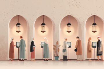 Grafica moderna con figure che interagiscono con schermi touchscreen in spazio istituzionale. Narrazione di digital transformation e servizi automatizzati.