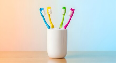 Four multi colored toothbrushes in white cup oral hygiene and dental care concept studio shot on table against colorful background for children and adults perfect teeth smile