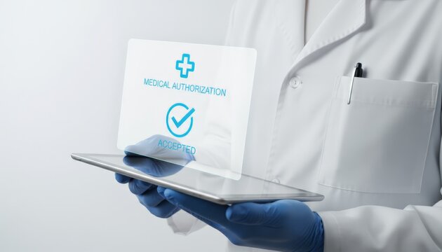 Doctor in white coat and blue gloves holding a tablet displaying a holographic interface with medical authorization accepted text and a green checkmark symbol. Representing digital healthcare approval