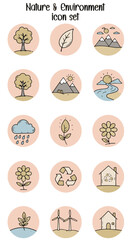 A collection of nature and environment themed icons, including trees, mountains, flowers, recycling, wind turbines, and a house, all in a cartoon style.