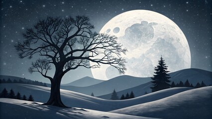 Minimalist Winter Landscape Barren Tree Snow Moon Linocut Art