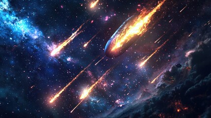 A vibrant cosmic scene with a planet in the center, surrounded by fiery meteors and stars, set against a dark, starry backdrop.
