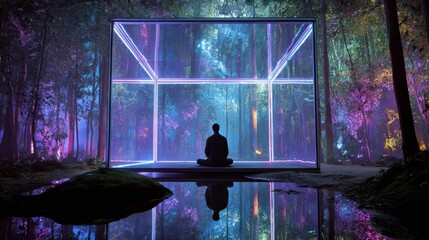 A person meditating peacefully in a holographic forest, merging nature with advanced technology