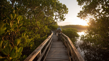 Escursionista con zaino attraversa paesaggio costiero di mangrovie durante la golden hour. Concetto di ecoturismo, avventura e scoperta.