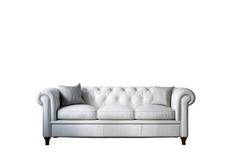 Fototapeta premium White tufted leather chesterfield sofa with grey cushions on black background couch furniture, Png, Isolated on Transparent Background, Cut Out