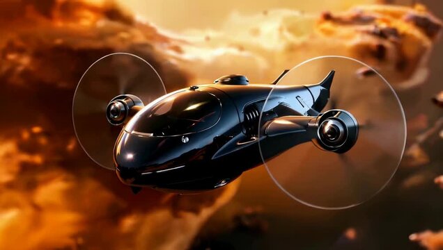 Futuristic Autonomous Air Taxi Flying Through a Dramatic Golden Sky.