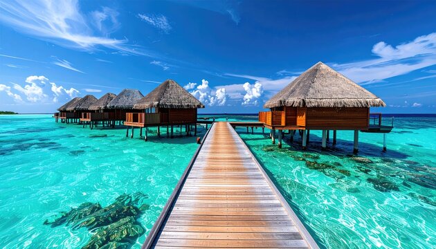 Overwater Bungalows On A Wooden Pier In Turquoise Ocean Water With A Blue Sky And White Clouds On A Sunny Day - Powered by Adobe