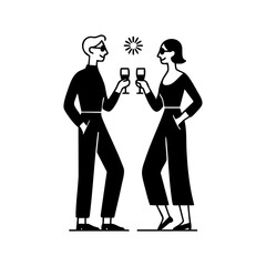 A stylish couple clinking glasses in a cheerful toast, representing celebration, friendship, and festive occasions.