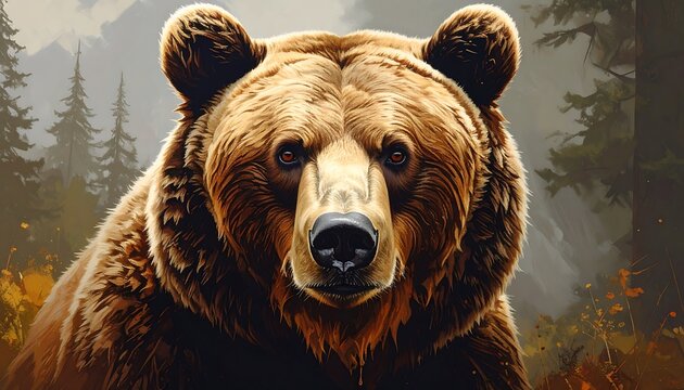 A close-up portrait of a large brown bear looking directly at the viewer with a neutral expression against a forest backdrop