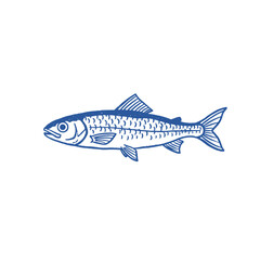 Fototapeta premium Vintage Sardine Fish Art. Hand Drawn Seafood Graphic. Retro Fishing Stamp Logo. Blue Linocut Style Fish. Simple Marine Life Sketch