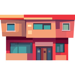 Modern Flat Design Building With Red And Orange Facade Featuring Geometric Windows And A Translucent Entrance Under Bright Daylight