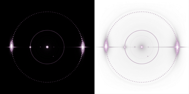 Abstract circular pattern illustration with contrasting black and white backgrounds, featuring luminous dots and lines, creating a visually striking design with copy space for text overlay