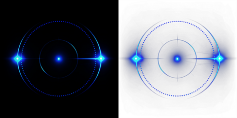 Abstract blue light circular overlay illustration with glowing dots and lines on contrasting black and white backgrounds, creating a dynamic visual effect for creative projects