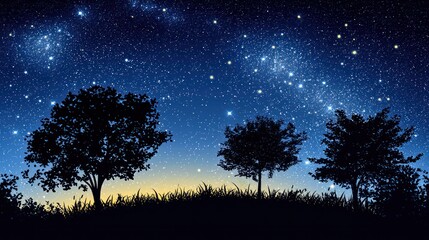 A serene night sky with stars and a silhouette of three trees in the foreground, with a grassy field and a distant horizon.