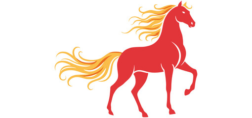 Stylized red horse stepping with golden flowing mane and tail