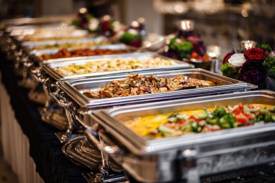 Long buffet line with multiple hot food dishes in elegant chafing warmers at event