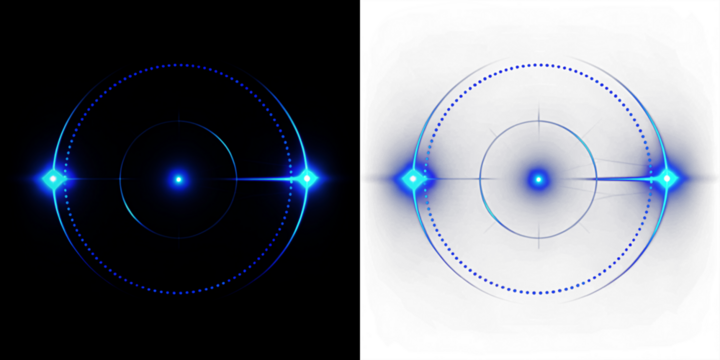 Abstract blue light circular overlay illustration with glowing dots and lines on contrasting black and white backgrounds, creating a dynamic visual effect for creative projects