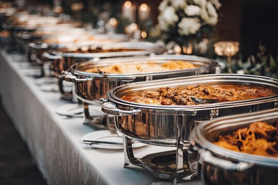 A long buffet table laden with multiple chafing dishes full of various hot foods