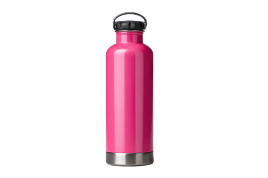 Pink metal water bottle with black lid and silver base on black steel, Png, Isolated on Transparent Background, Cut Out