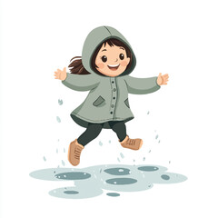  Happy girl jumping in puddles wearing raincoat.