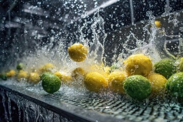 Dynamic scene of fresh yellow lemons and green limes being vigorously splashed by water