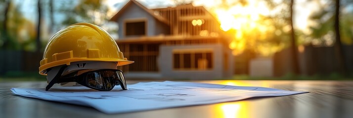 Construction site at sunset with hard hat, sunglasses, and blueprints ready for building a new home