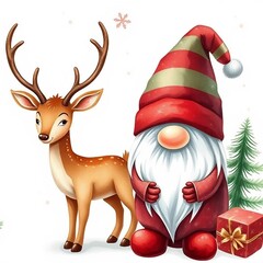 Fototapeta premium Cute watercolor illustration of a Christmas gnome with red hat standing next to a reindeer and gift box.