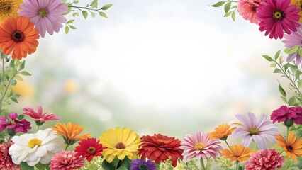 A vibrant floral border composed of colorful mixed flowers creating a beautiful frame against a soft, dreamy bokeh background