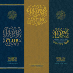 Vintage style wine theme booklet and flier designs set with hand-drawn calligraphic lettering “Wine Club”, “Wine Tasting”, and “Family Reserve”. Perfect for branding and packaging.