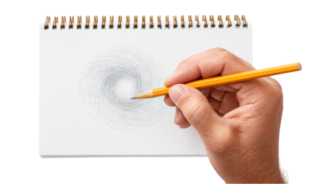 Hand Drawing Spiral with Pencil on Sketchbook, Creativity and Art Concept