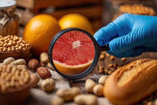 Blue-gloved hand magnifies a grapefruit slice amidst various nuts and grains - Powered by Adobe