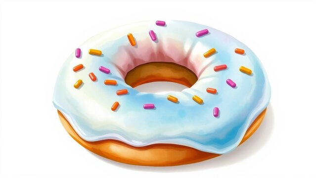 Realistic illustration of a delicious donut with glossy blue icing and colorful sprinkles on white background.