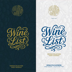 Vintage style wine theme designs set with “Wine List” lettering in two elegant variations — gold on dark blue and blue on light background. Ideal for wine branding and restaurant menus.