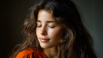 Peaceful portrait lit by natural light showing calm inner balance 