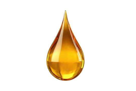 Single golden oil drop suspended against a solid black background liquid yellow, Png, Isolated on Transparent Background, Cut Out