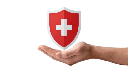 Hand Holding a Red and White Shield with a Medical Cross: Protection, Healthcare, Safety, Insurance, Medical Symbolism on a White Background