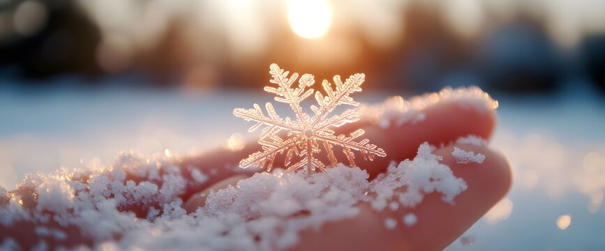 Delicate snowflake resting on a hand during sunset in a serene winter landscape - Powered by Adobe