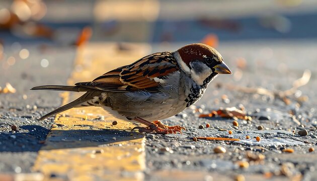 A close-up shot captures a small, brown and grey bird with a chestnut crown perched on a rough, sunlit surface