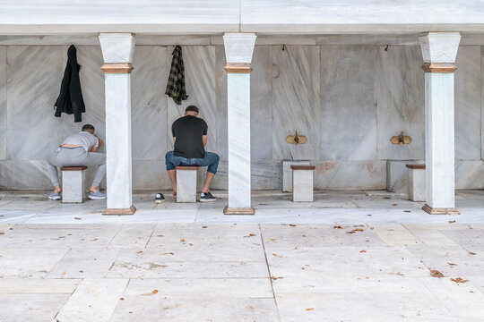 The Blue Mosque has a dedicated area for wudu (ablution) for ritual purification before prayer, Istanbul, T&uuml;rkiye
